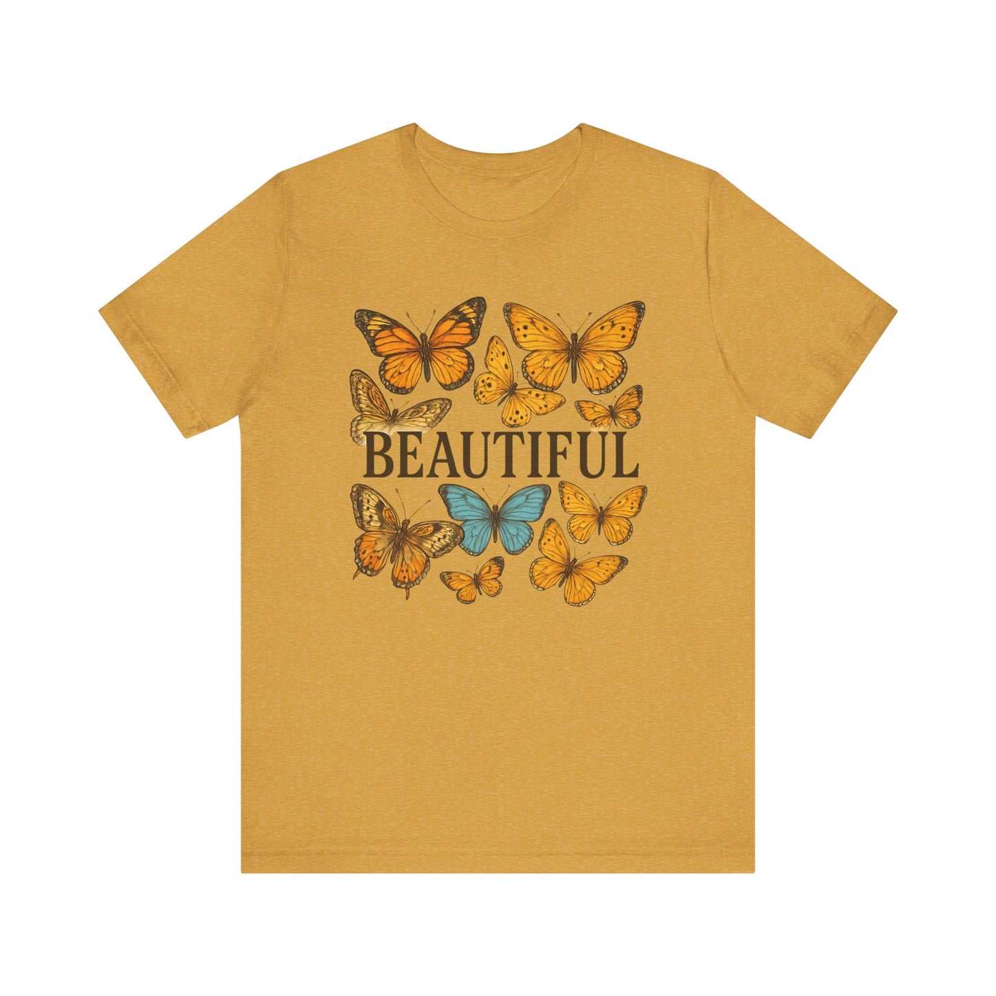 T-Shirt - 'BEAUTIFUL' Yellow Butterfly Design Short Sleeve Tee