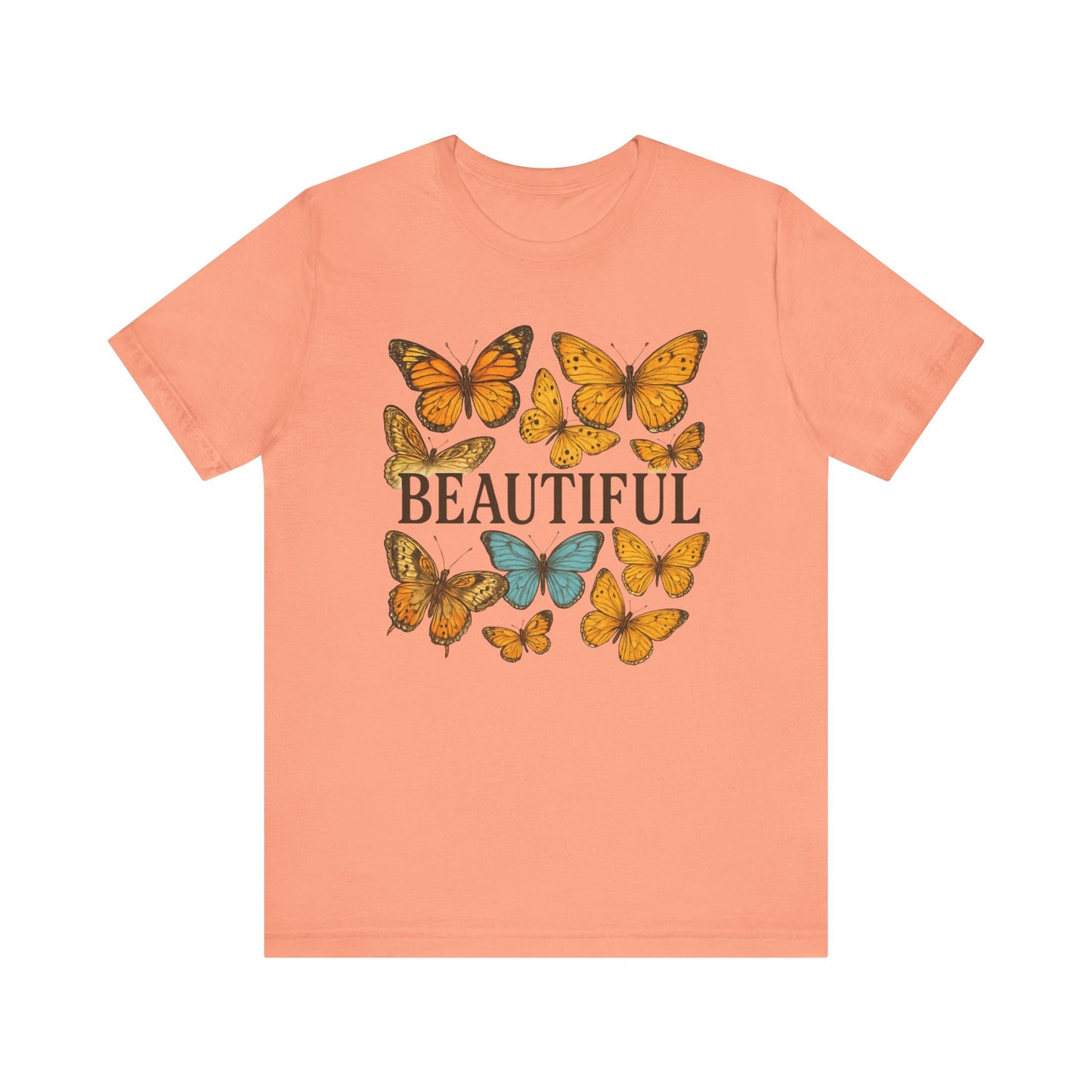 T-Shirt - 'BEAUTIFUL' Yellow Butterfly Design Short Sleeve Tee