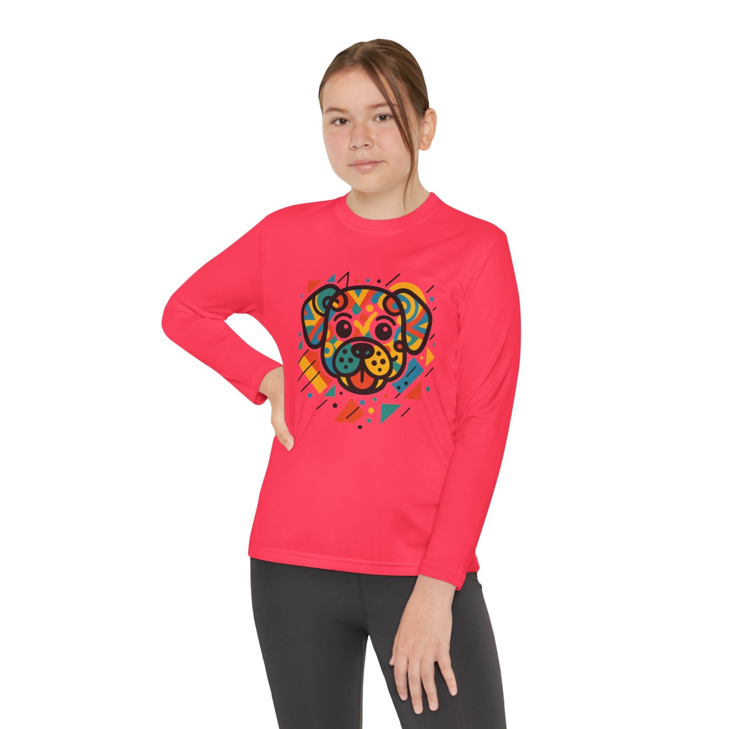 Youth Long Sleeve Tee - Colorful Geometric Dog Design