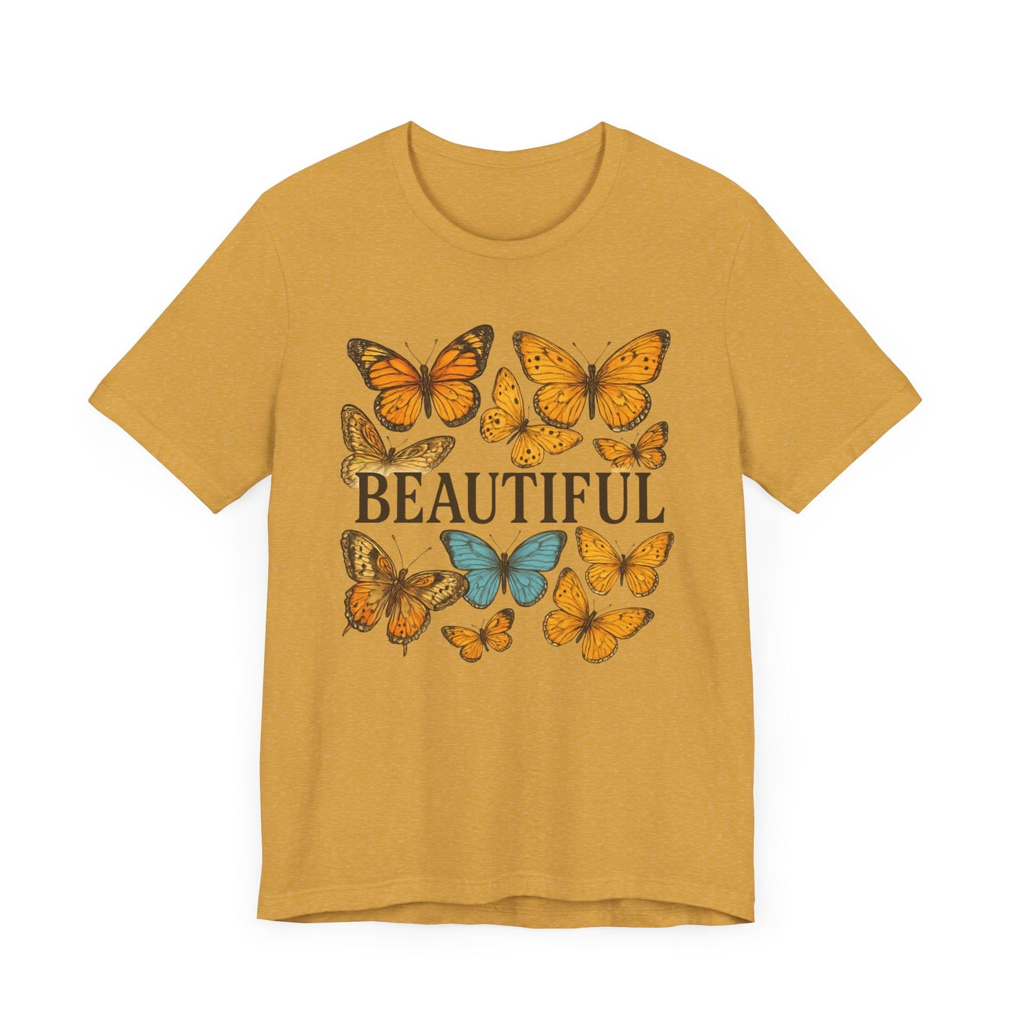 T-Shirt - 'BEAUTIFUL' Yellow Butterfly Design Short Sleeve Tee