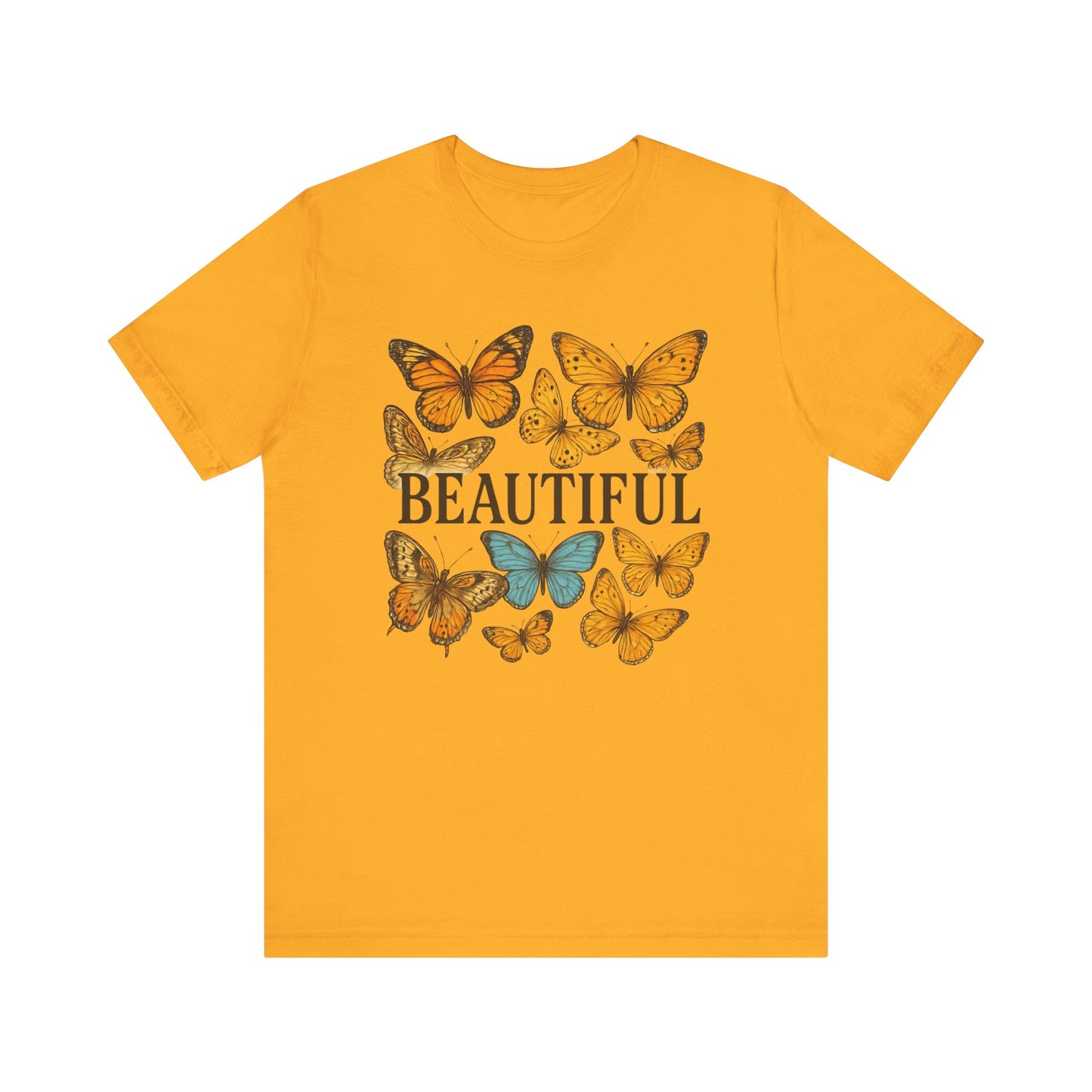 T-Shirt - 'BEAUTIFUL' Yellow Butterfly Design Short Sleeve Tee