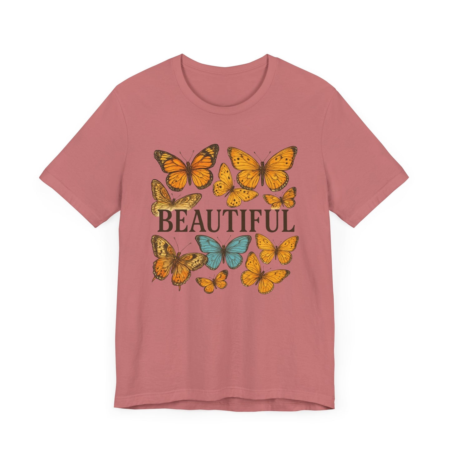 T-Shirt - 'BEAUTIFUL' Yellow Butterfly Design Short Sleeve Tee