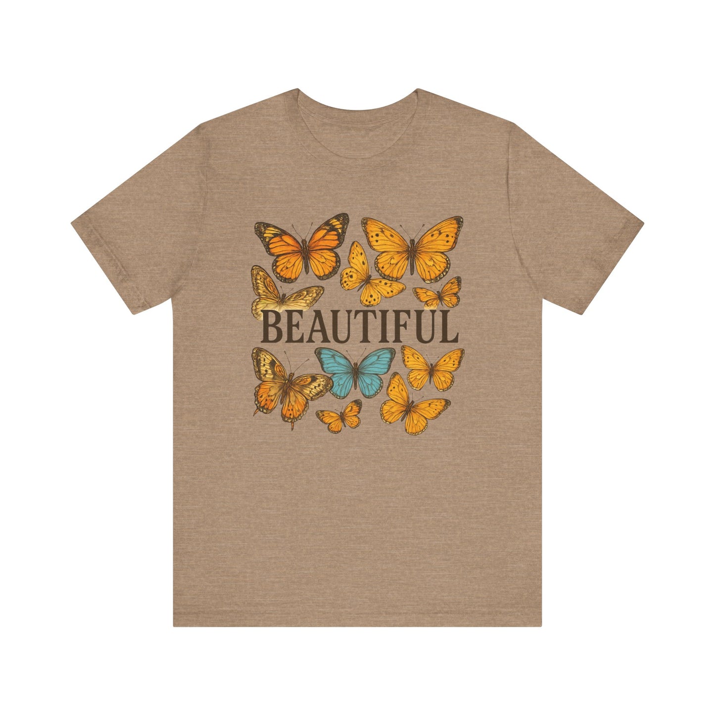 T-Shirt - 'BEAUTIFUL' Yellow Butterfly Design Short Sleeve Tee