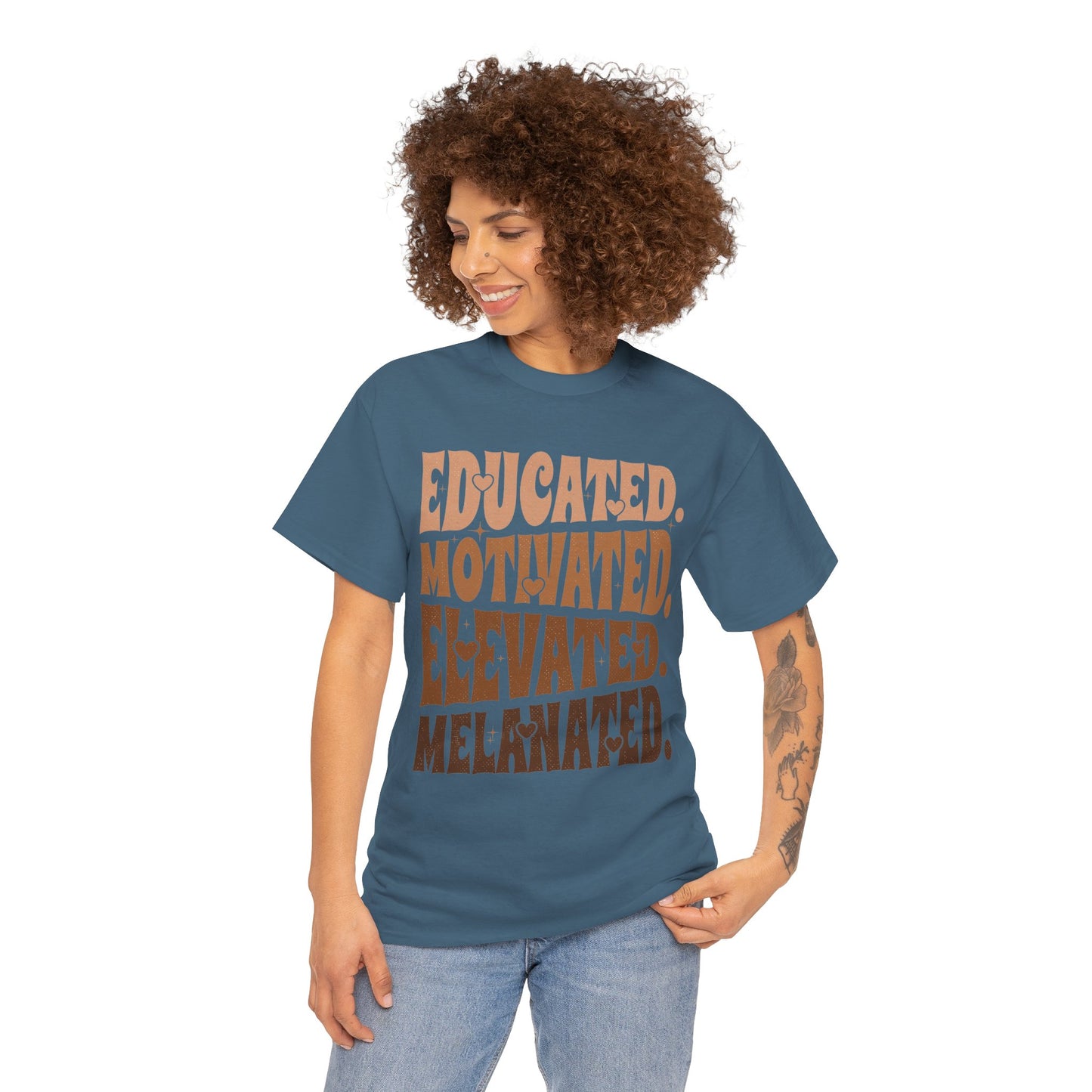 Empowerment Tee - Educated, Motivated, Elevated, Melanated Print