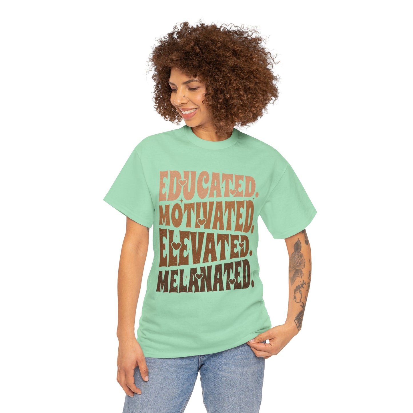 Empowerment Tee - Educated, Motivated, Elevated, Melanated Print