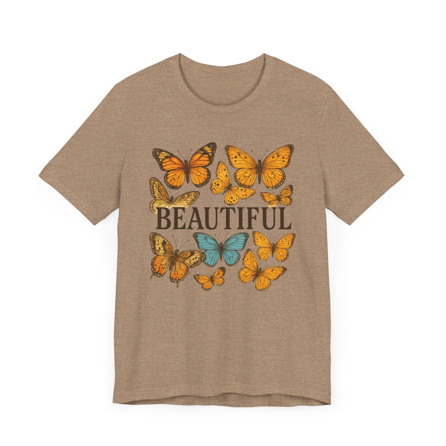 T-Shirt - 'BEAUTIFUL' Yellow Butterfly Design Short Sleeve Tee