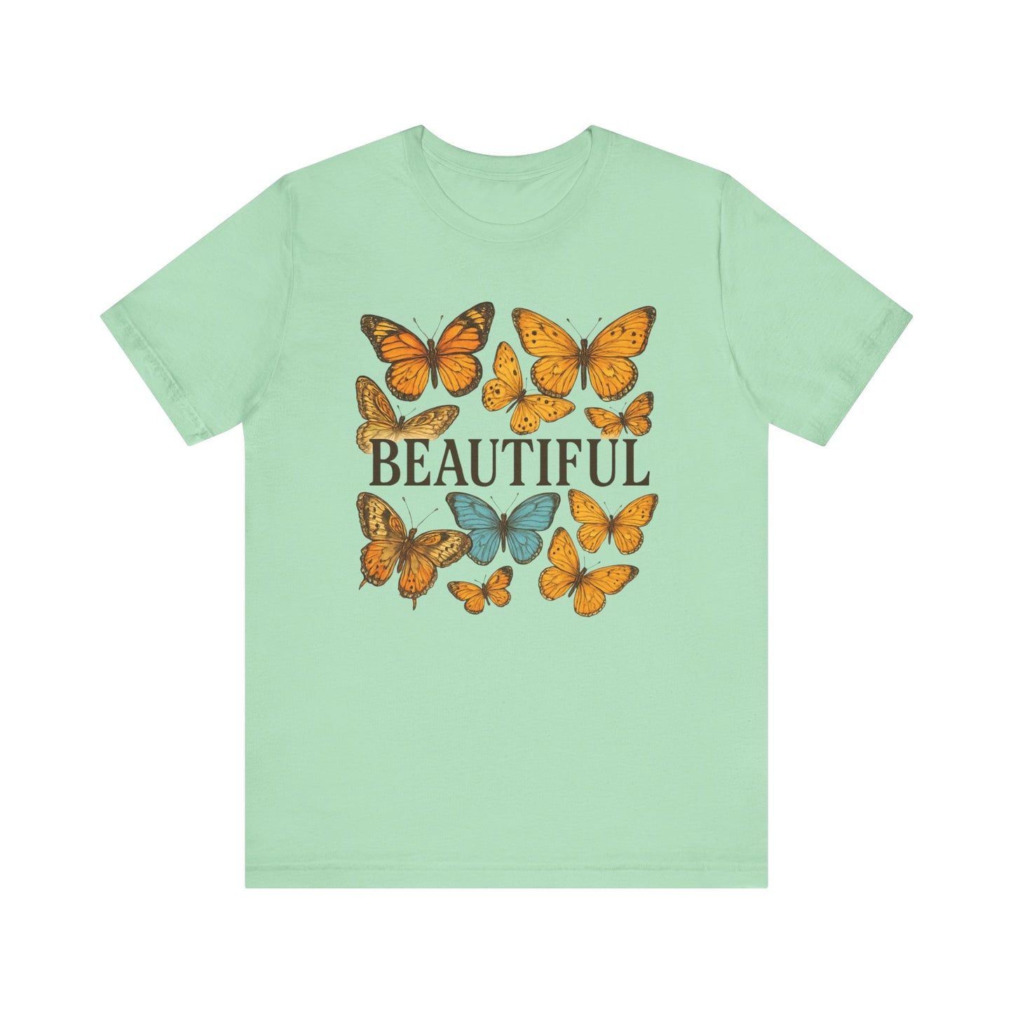 T-Shirt - 'BEAUTIFUL' Yellow Butterfly Design Short Sleeve Tee