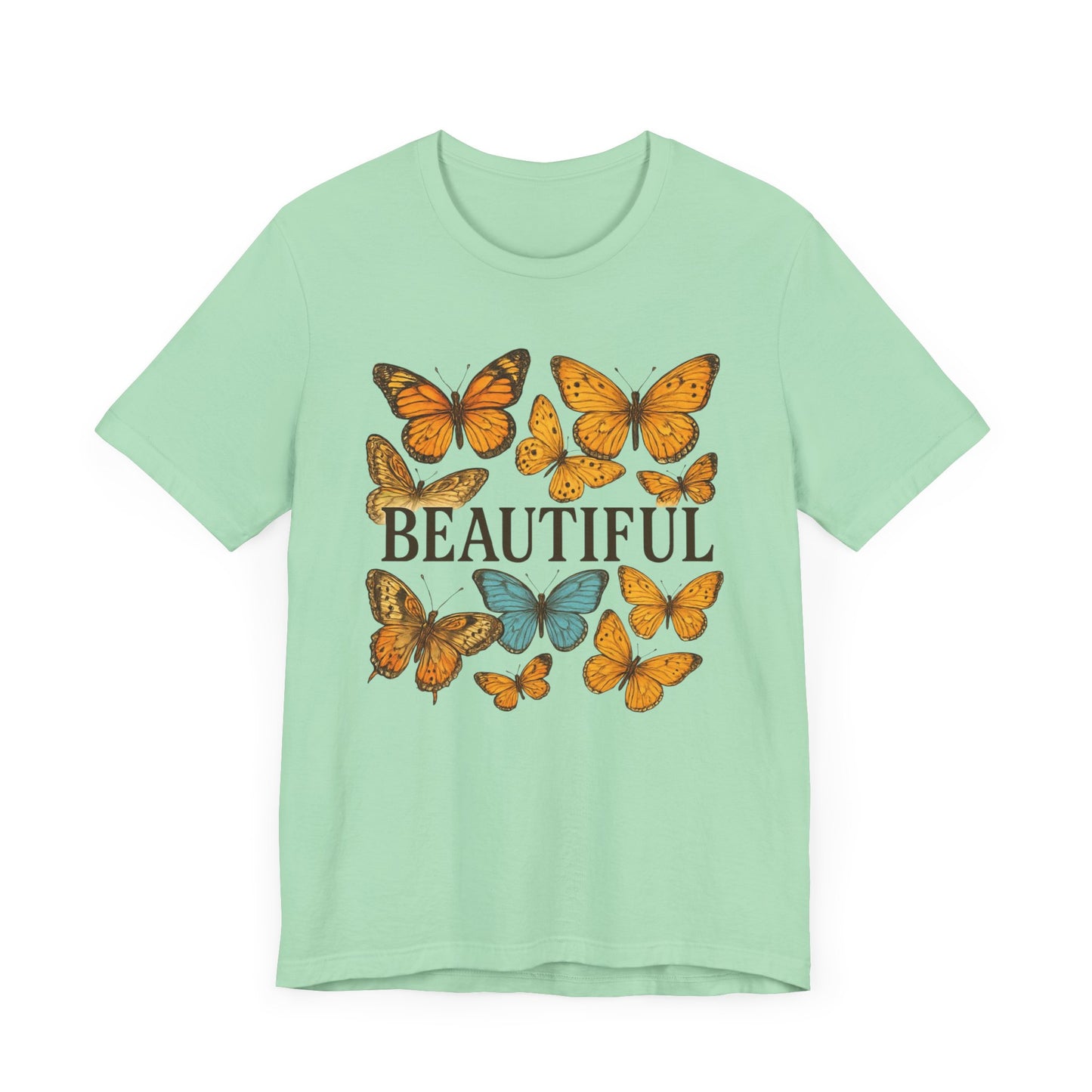 T-Shirt - 'BEAUTIFUL' Yellow Butterfly Design Short Sleeve Tee