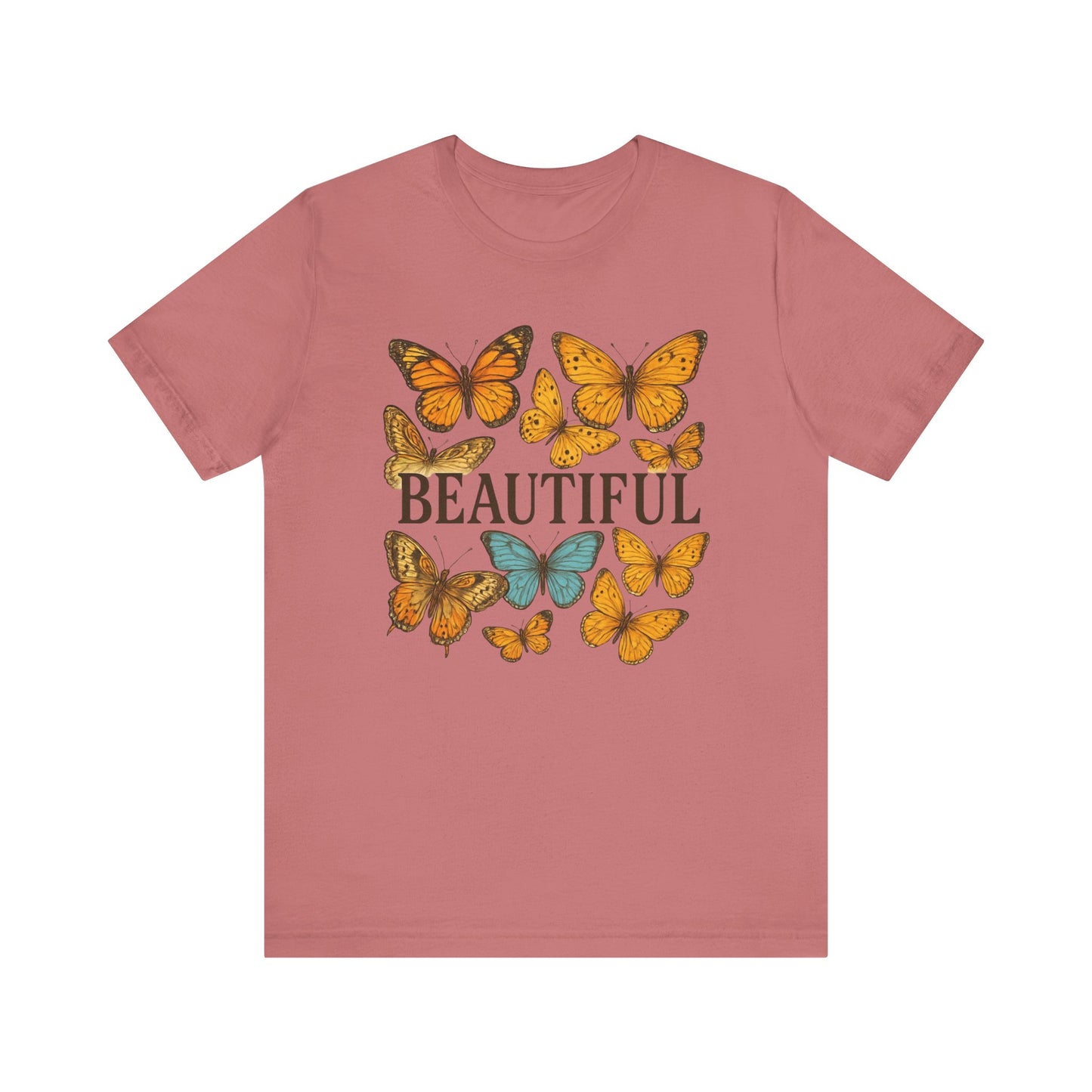 T-Shirt - 'BEAUTIFUL' Yellow Butterfly Design Short Sleeve Tee