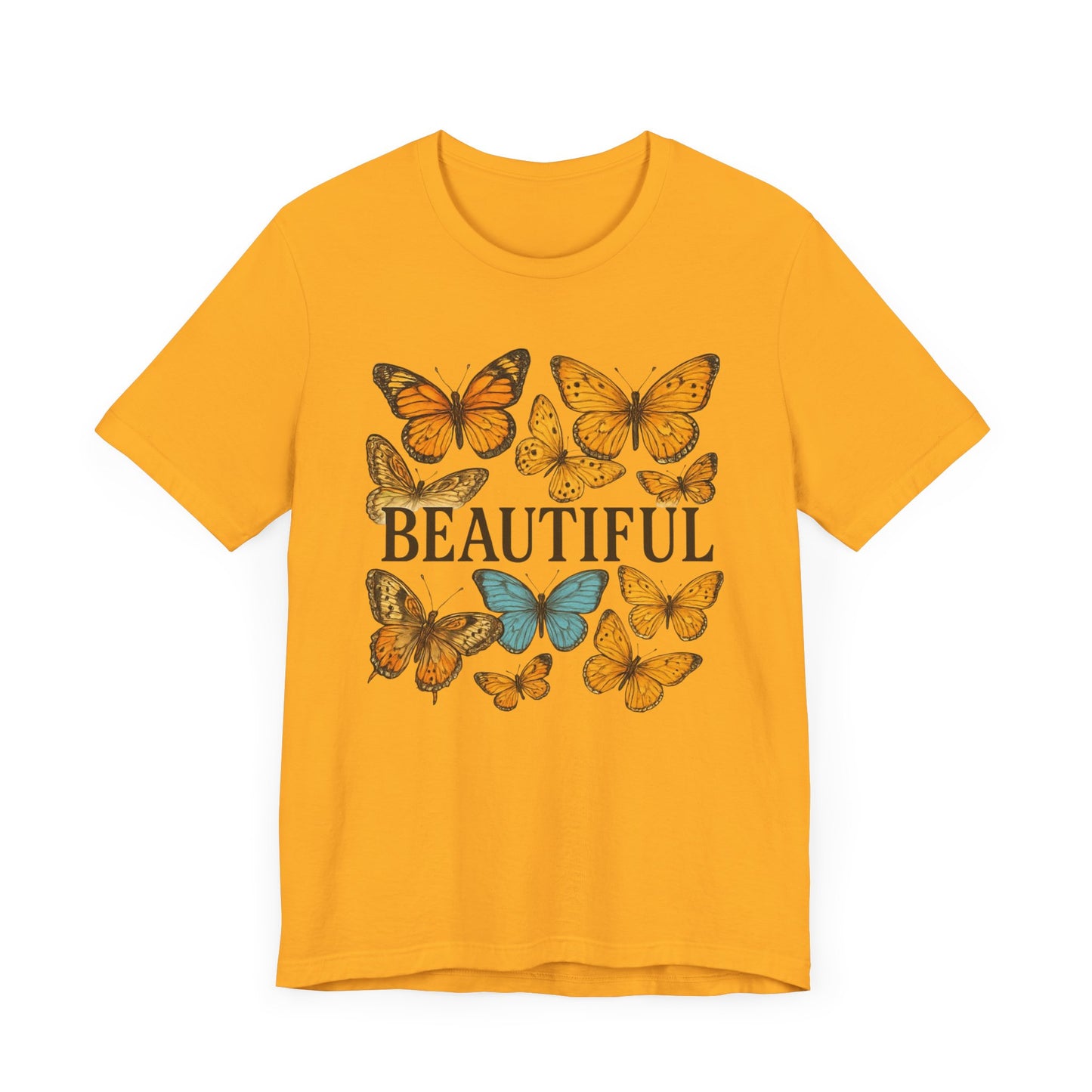 T-Shirt - 'BEAUTIFUL' Yellow Butterfly Design Short Sleeve Tee