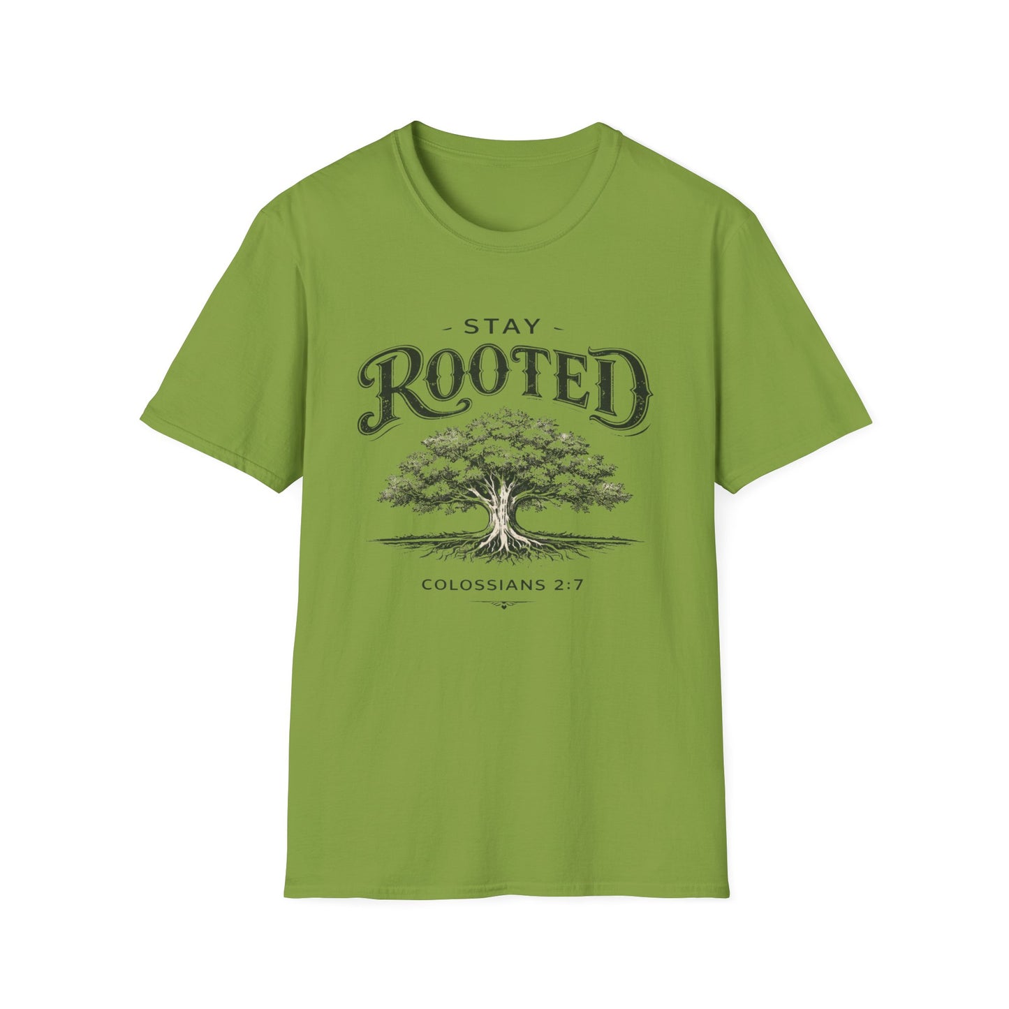 Stay Rooted Tree T-Shirt — Colossians 2:7 Scripture Tee