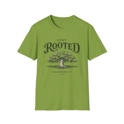 Stay Rooted Tree T-Shirt — Colossians 2:7 Scripture Tee