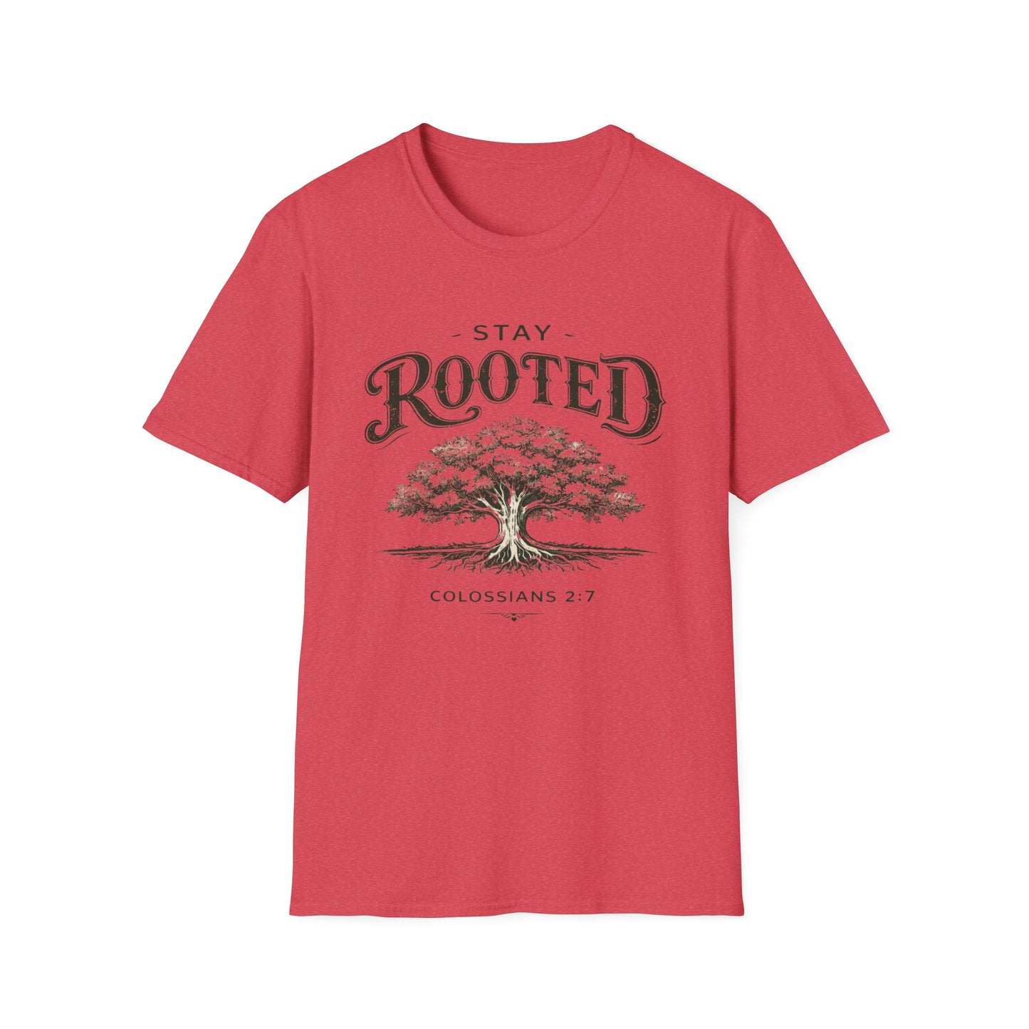 Stay Rooted Tree T-Shirt — Colossians 2:7 Scripture Tee