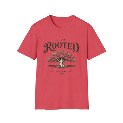 Stay Rooted Tree T-Shirt — Colossians 2:7 Scripture Tee