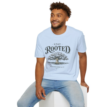 Stay Rooted Tree T-Shirt — Colossians 2:7 Scripture Tee
