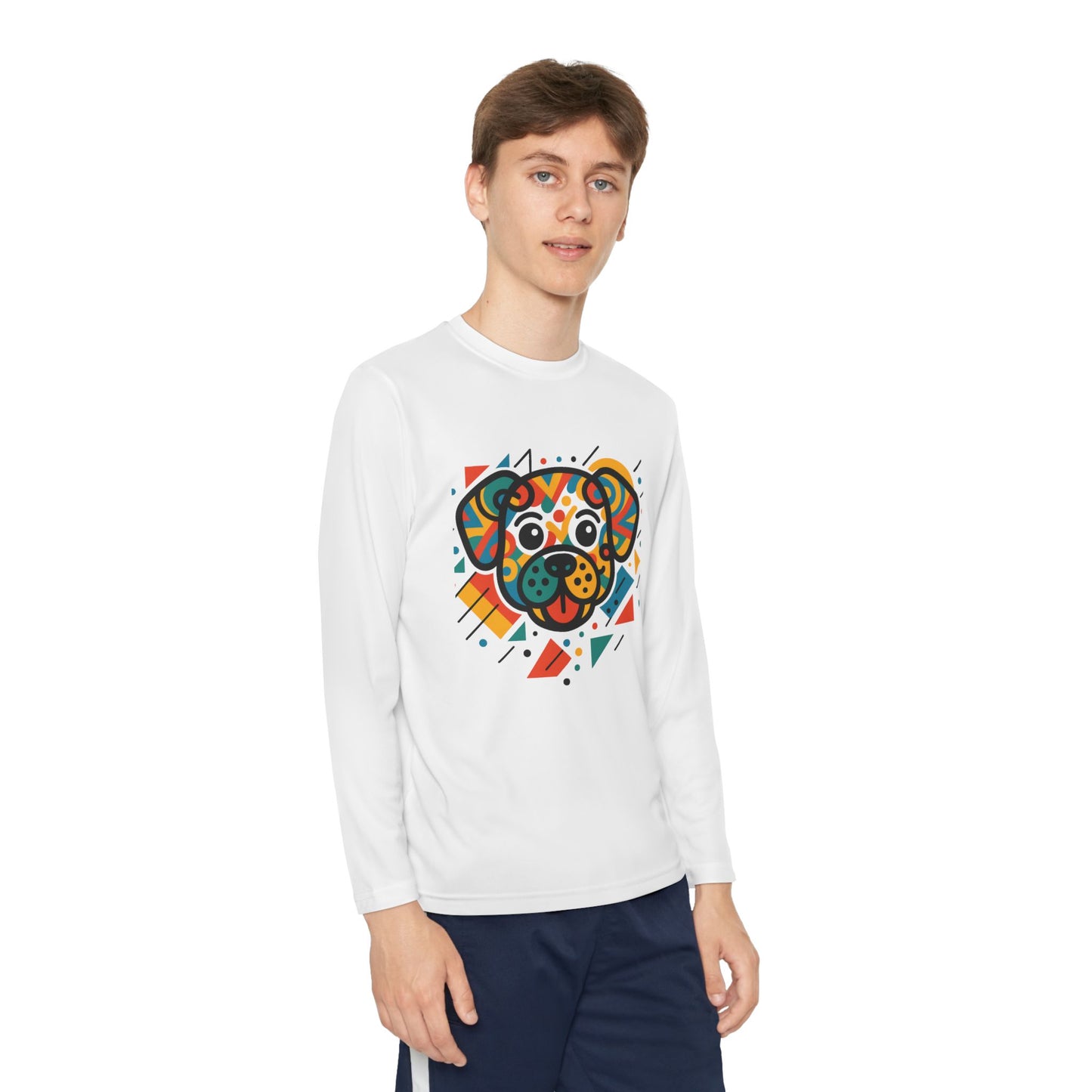 Youth Long Sleeve Tee - Colorful Geometric Dog Design