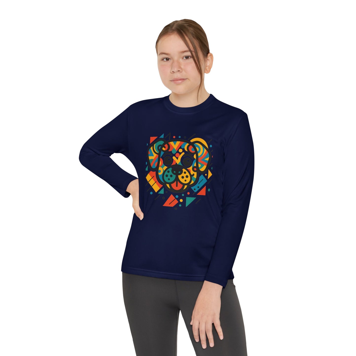 Youth Long Sleeve Tee - Colorful Geometric Dog Design
