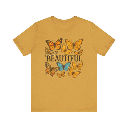 T-Shirt - 'BEAUTIFUL' Yellow Butterfly Design Short Sleeve Tee