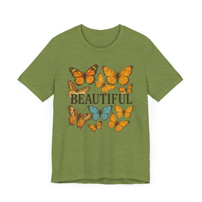 T-Shirt - 'BEAUTIFUL' Yellow Butterfly Design Short Sleeve Tee