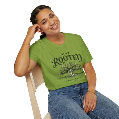 Stay Rooted Tree T-Shirt — Colossians 2:7 Scripture Tee