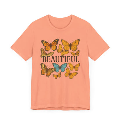 T-Shirt - 'BEAUTIFUL' Yellow Butterfly Design Short Sleeve Tee
