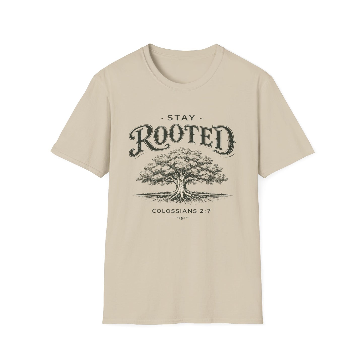 Stay Rooted Tree T-Shirt — Colossians 2:7 Scripture Tee