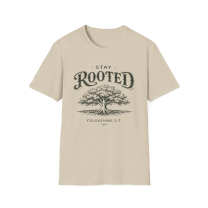 Stay Rooted Tree T-Shirt — Colossians 2:7 Scripture Tee