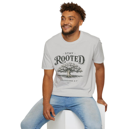 Stay Rooted Tree T-Shirt — Colossians 2:7 Scripture Tee