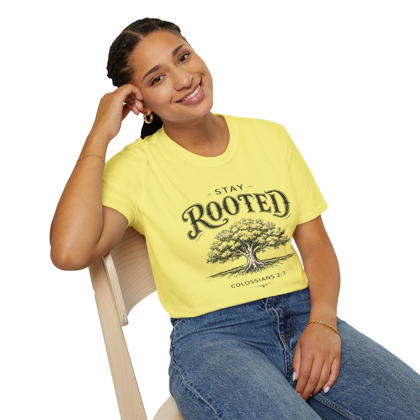 Stay Rooted Tree T-Shirt — Colossians 2:7 Scripture Tee