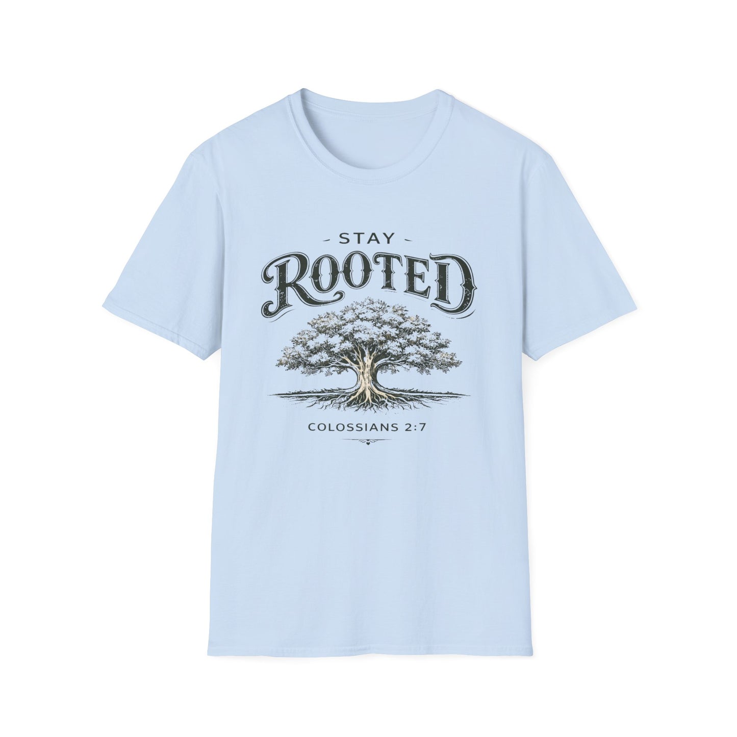 Stay Rooted Tree T-Shirt — Colossians 2:7 Scripture Tee