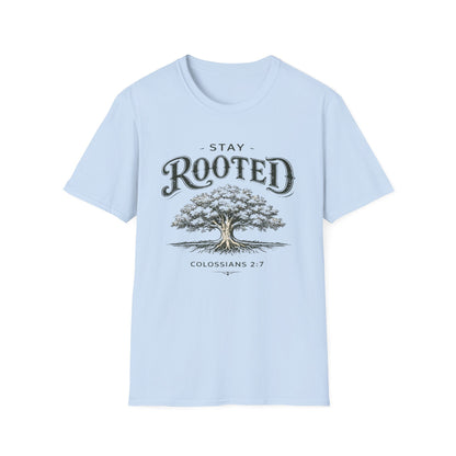 Stay Rooted Tree T-Shirt — Colossians 2:7 Scripture Tee