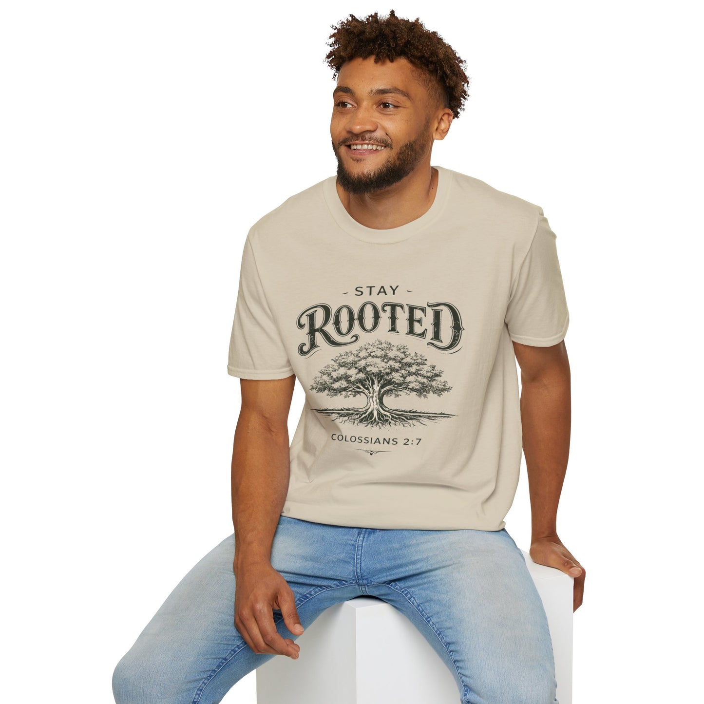 Stay Rooted Tree T-Shirt — Colossians 2:7 Scripture Tee