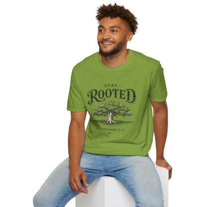 Stay Rooted Tree T-Shirt — Colossians 2:7 Scripture Tee