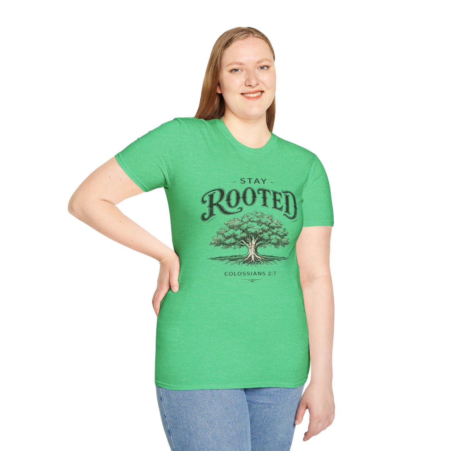 Stay Rooted Tree T-Shirt — Colossians 2:7 Scripture Tee