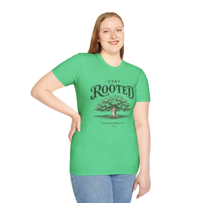 Stay Rooted Tree T-Shirt — Colossians 2:7 Scripture Tee