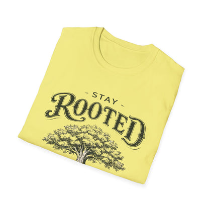 Stay Rooted Tree T-Shirt — Colossians 2:7 Scripture Tee