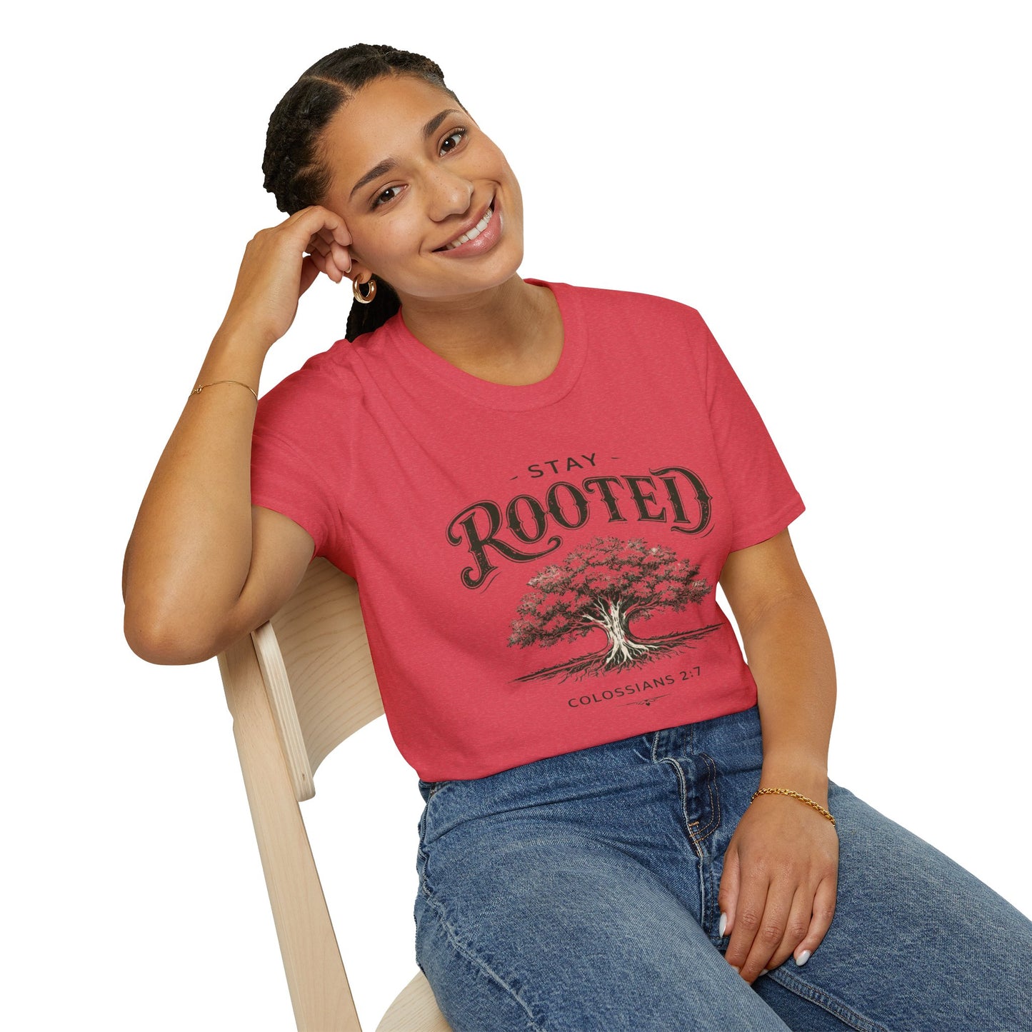 Stay Rooted Tree T-Shirt — Colossians 2:7 Scripture Tee