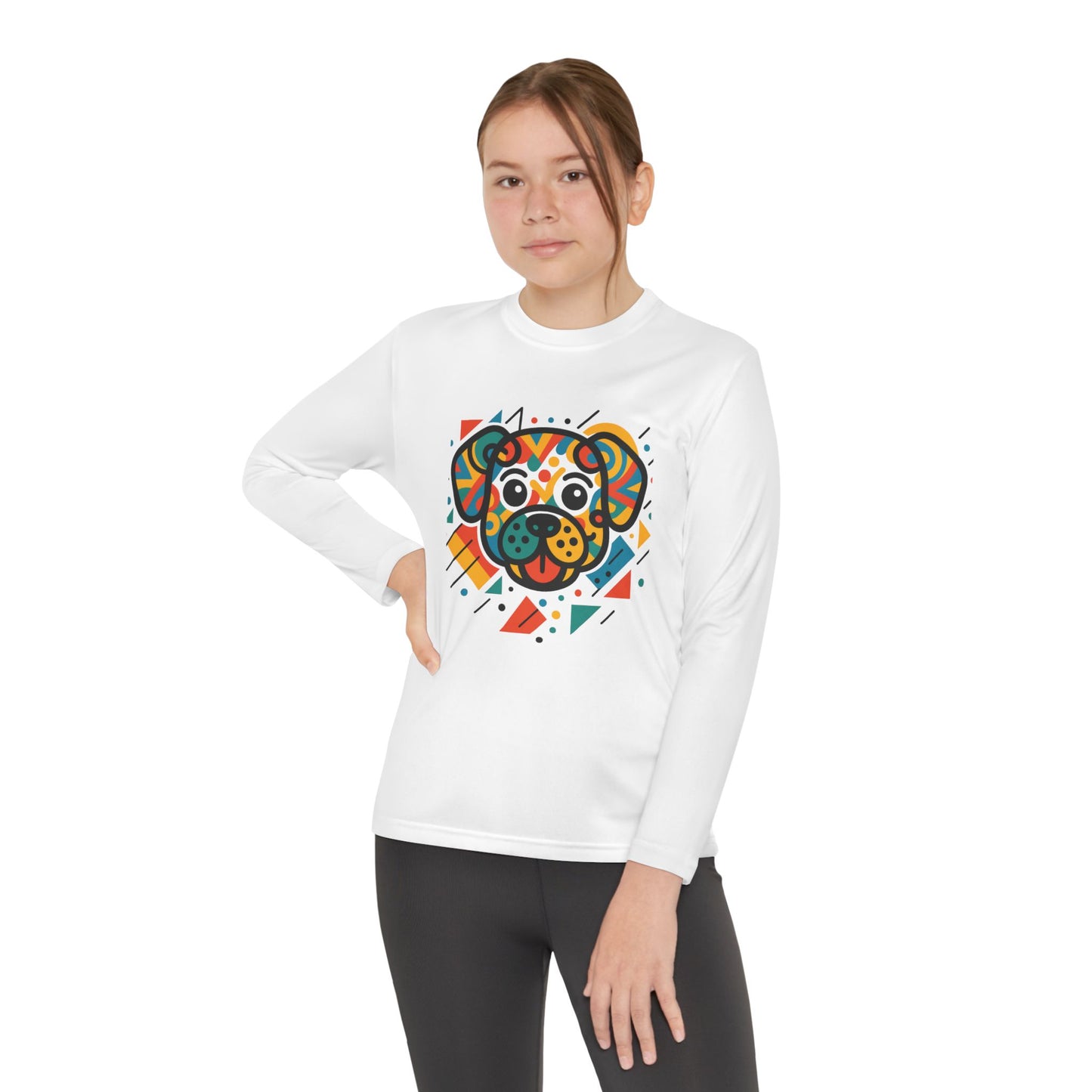 Youth Long Sleeve Tee - Colorful Geometric Dog Design
