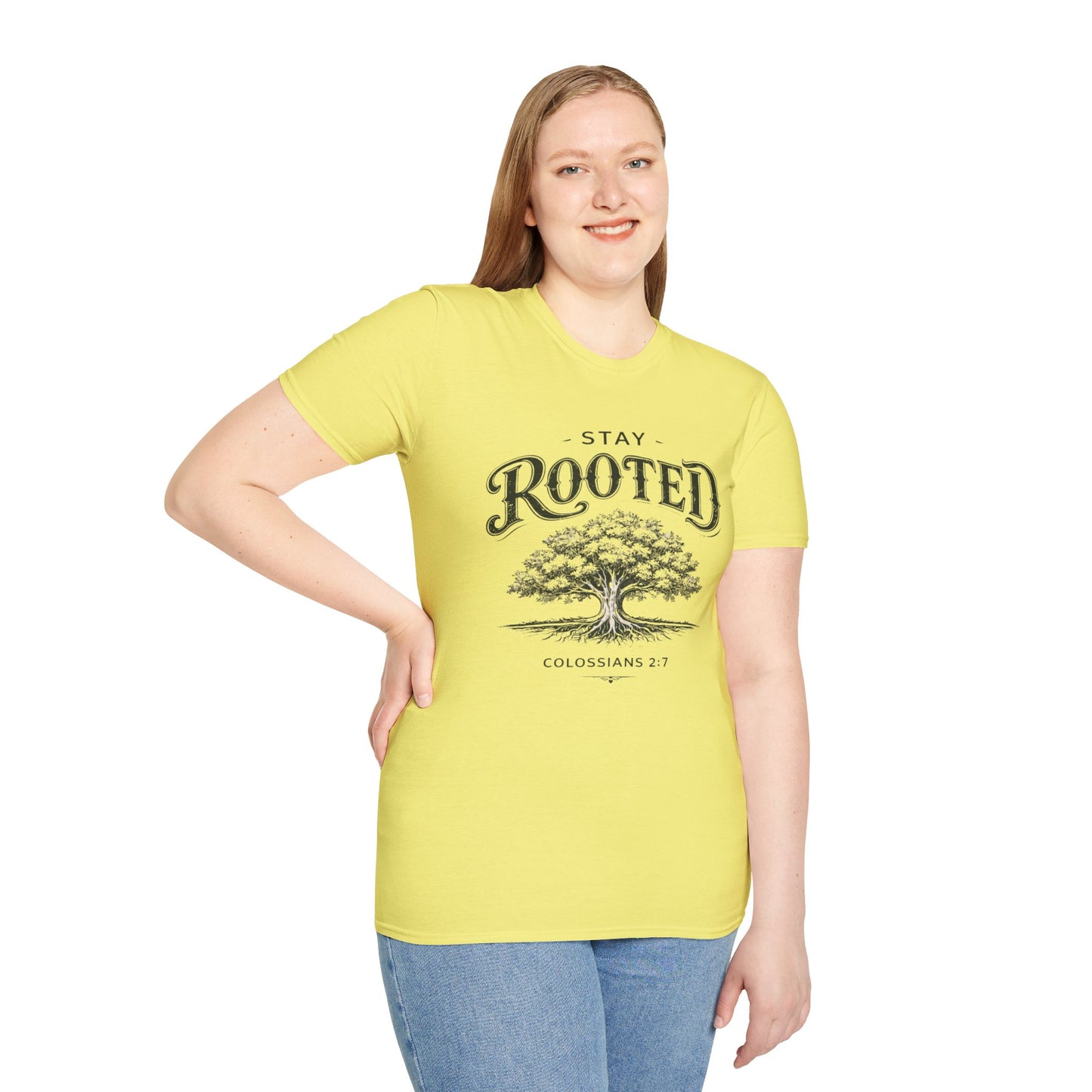 Stay Rooted Tree T-Shirt — Colossians 2:7 Scripture Tee