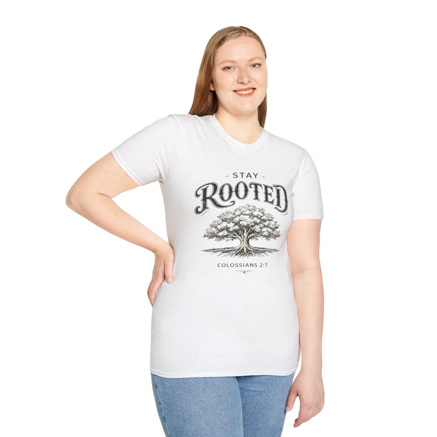 Stay Rooted Tree T-Shirt — Colossians 2:7 Scripture Tee
