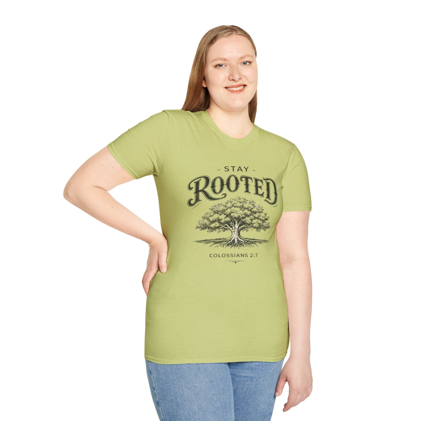 Stay Rooted Tree T-Shirt — Colossians 2:7 Scripture Tee