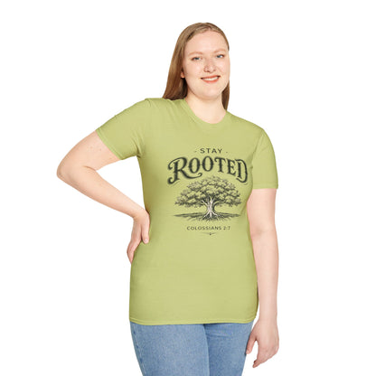 Stay Rooted Tree T-Shirt — Colossians 2:7 Scripture Tee
