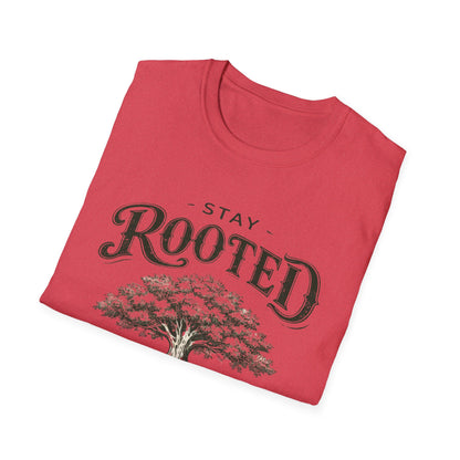 Stay Rooted Tree T-Shirt — Colossians 2:7 Scripture Tee