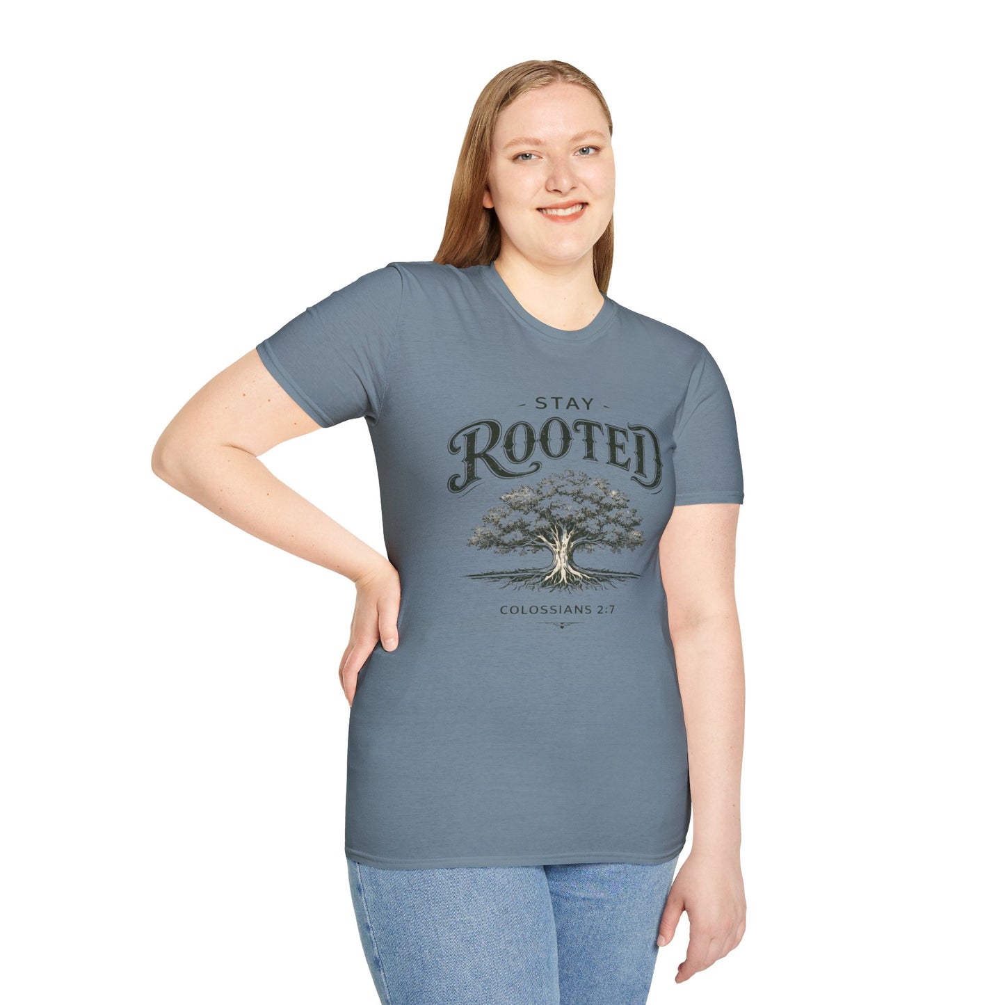 Stay Rooted Tree T-Shirt — Colossians 2:7 Scripture Tee