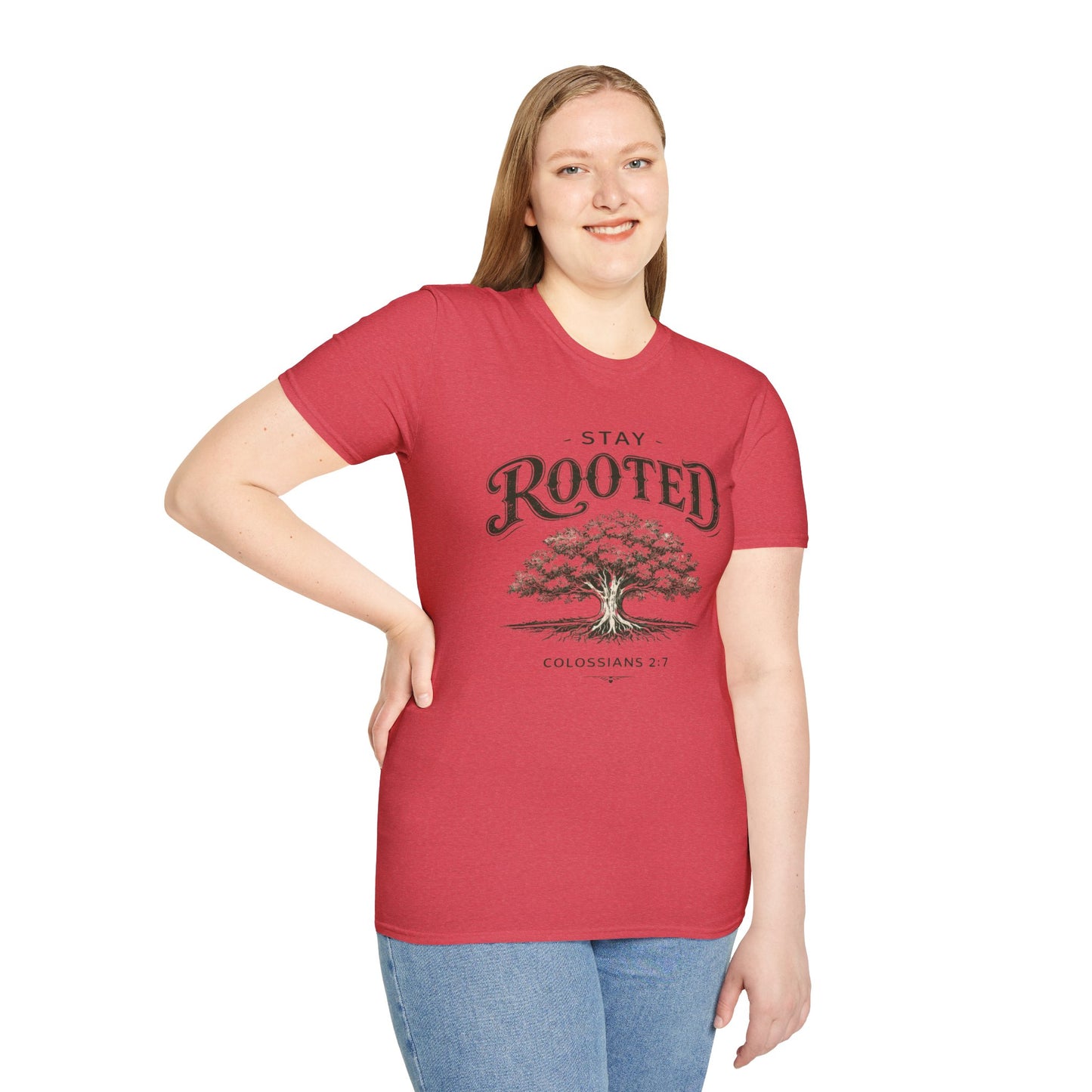 Stay Rooted Tree T-Shirt — Colossians 2:7 Scripture Tee