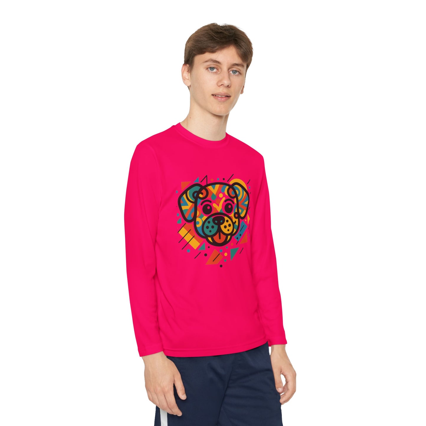 Youth Long Sleeve Tee - Colorful Geometric Dog Design