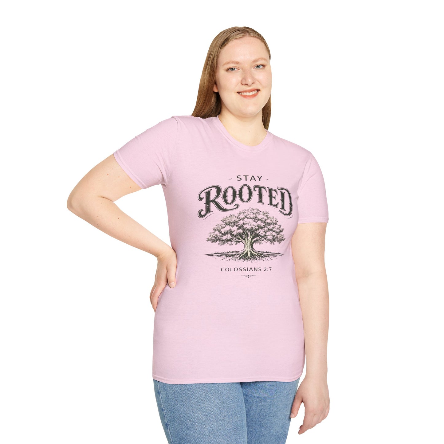 Stay Rooted Tree T-Shirt — Colossians 2:7 Scripture Tee