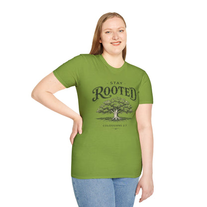 Stay Rooted Tree T-Shirt — Colossians 2:7 Scripture Tee