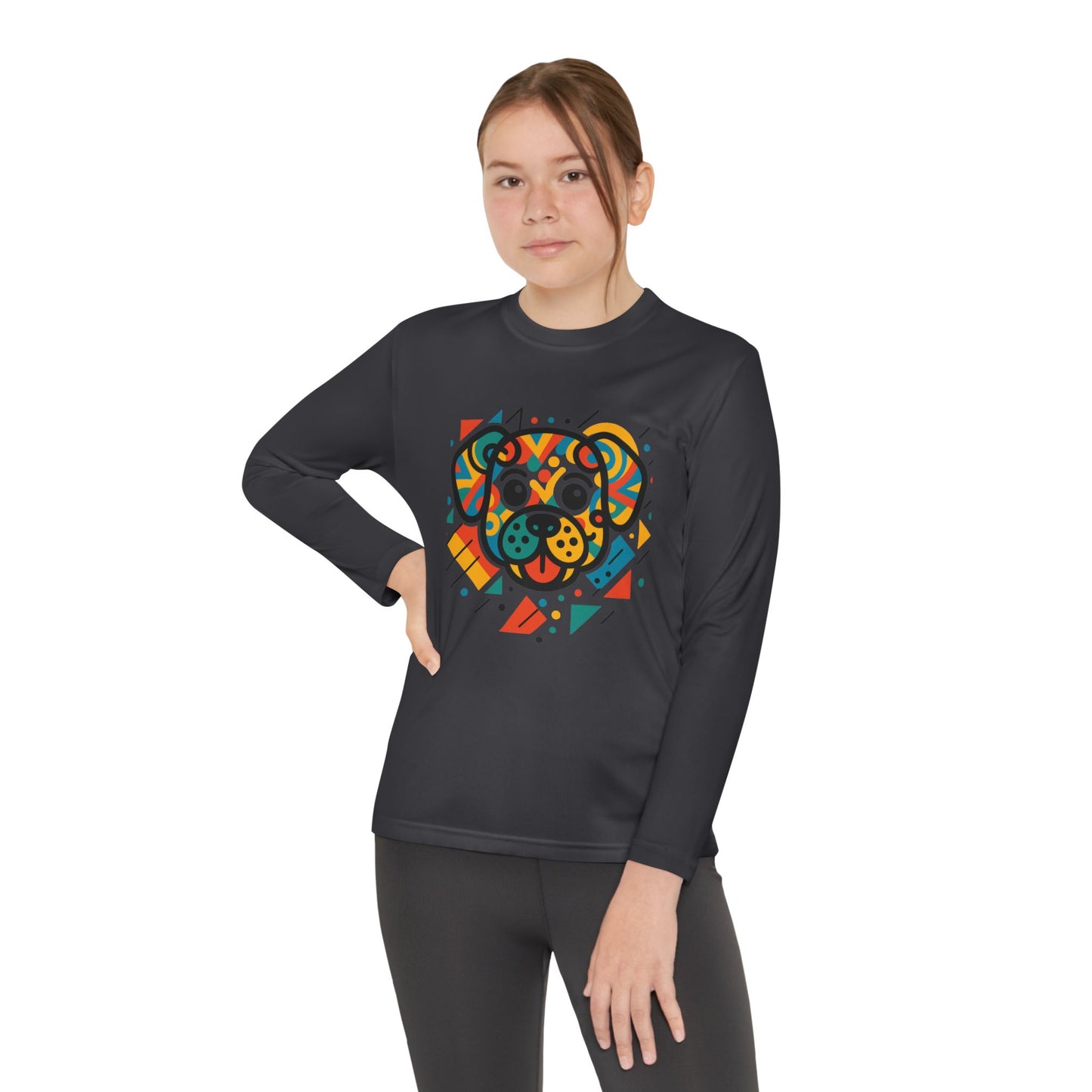 Youth Long Sleeve Tee - Colorful Geometric Dog Design