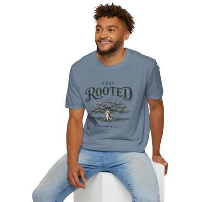 Stay Rooted Tree T-Shirt — Colossians 2:7 Scripture Tee